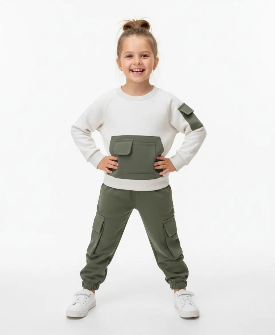 Kids Fleece Pocket Sweatshirt & Cargo Trouser Set – Winter Outfit