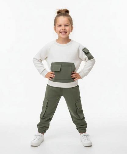 Kids Fleece Pocket Sweatshirt & Cargo Trouser Set – Winter Outfit