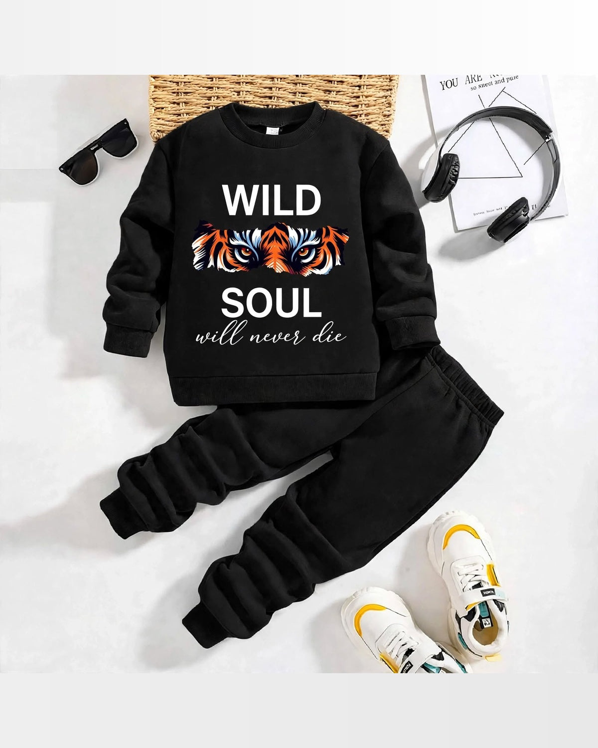 Boys’ Wild Soul Printed Sweatshirt & Jogger Set – Black Winter Outfit