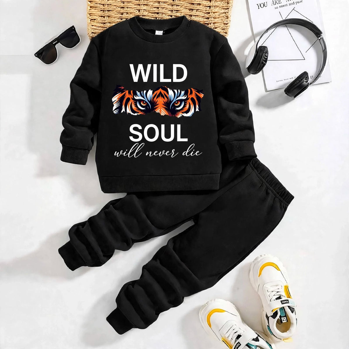 Boys’ Wild Soul Printed Sweatshirt & Jogger Set – Black Winter Outfit