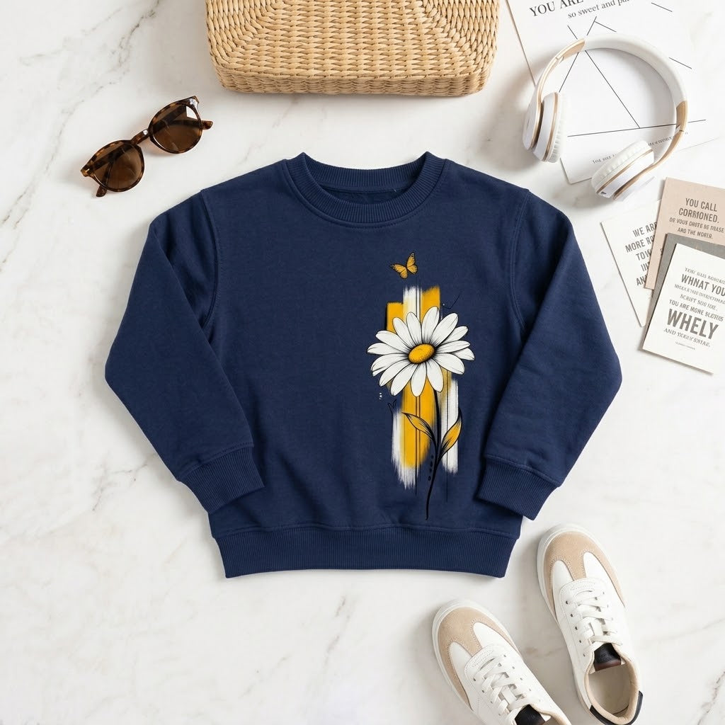 Kids Daisy Print Navy Sweatshirt – Cozy Fleece Pullove