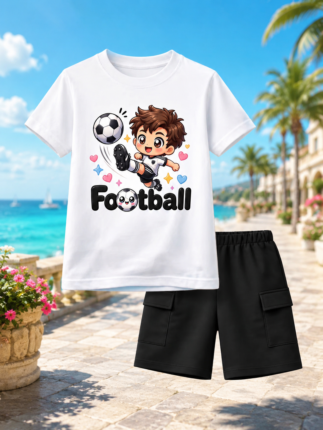 Little MVP Football Graphic Tee & Khaki Cargo Shorts Set