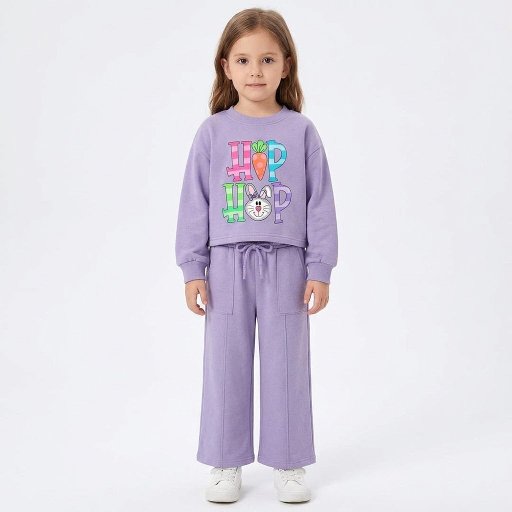 Girls Lilac "HOP" Bunny Graphic Sweatshirt & Wide-Leg Pocket Pants Set | Casual Winter Wear
