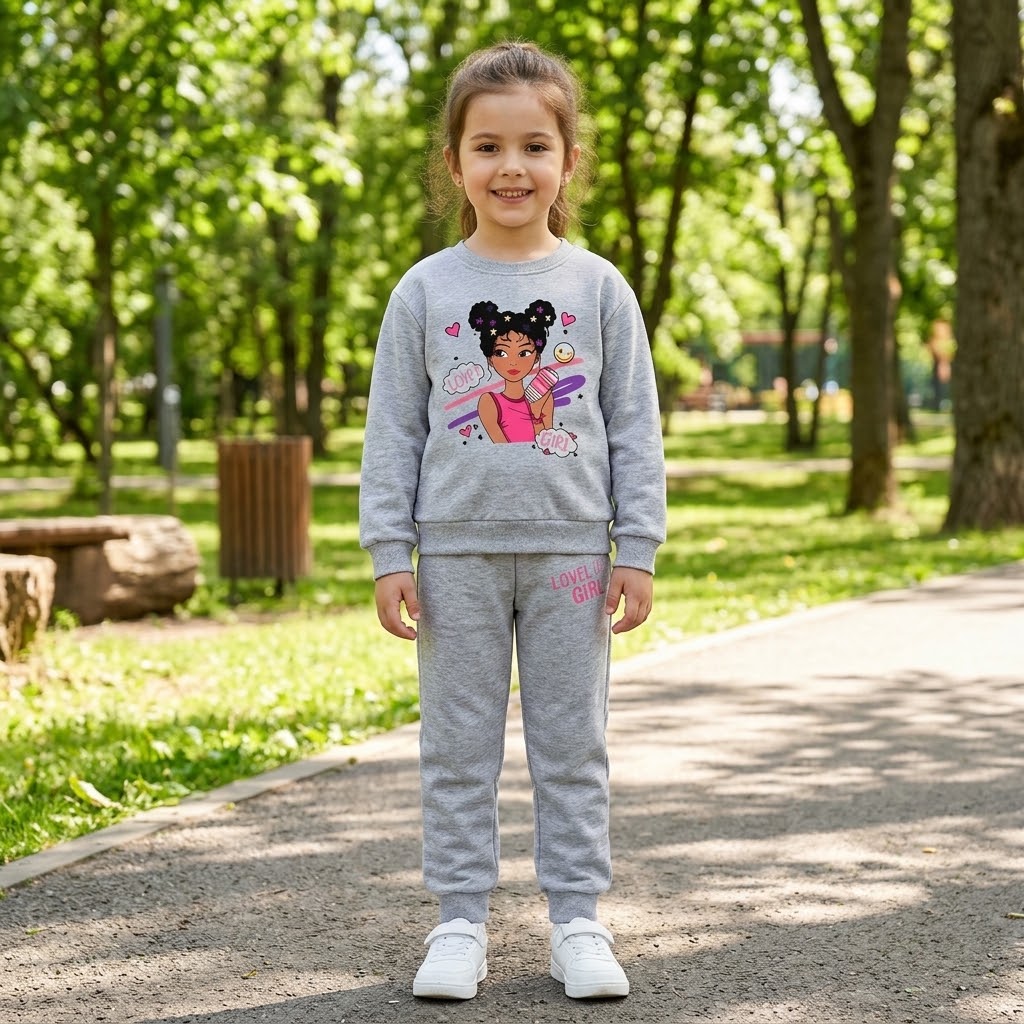 Girls' Printed Sweatshirt & Trouser Set – Grey