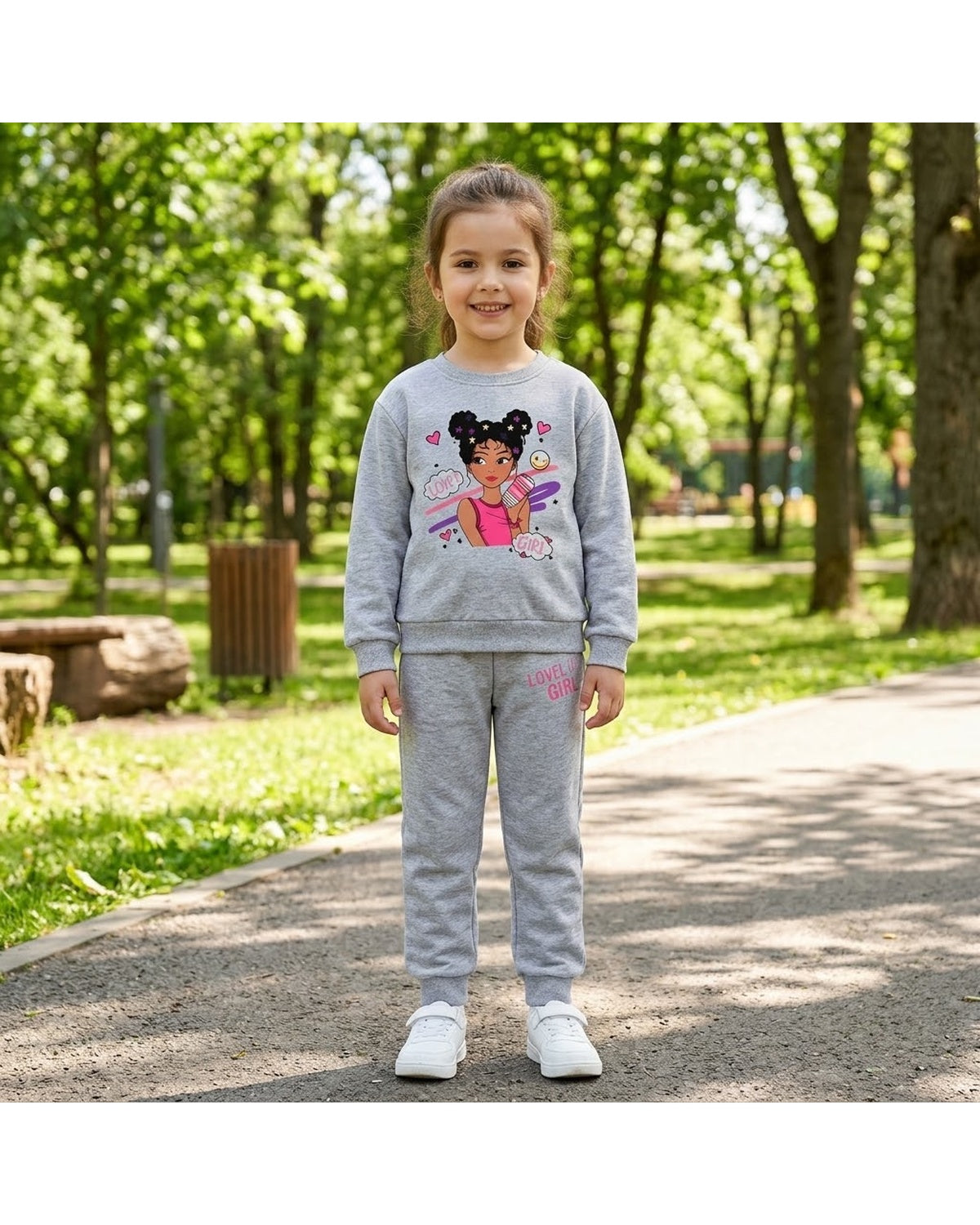 Girls' Printed Sweatshirt & Trouser Set – Grey