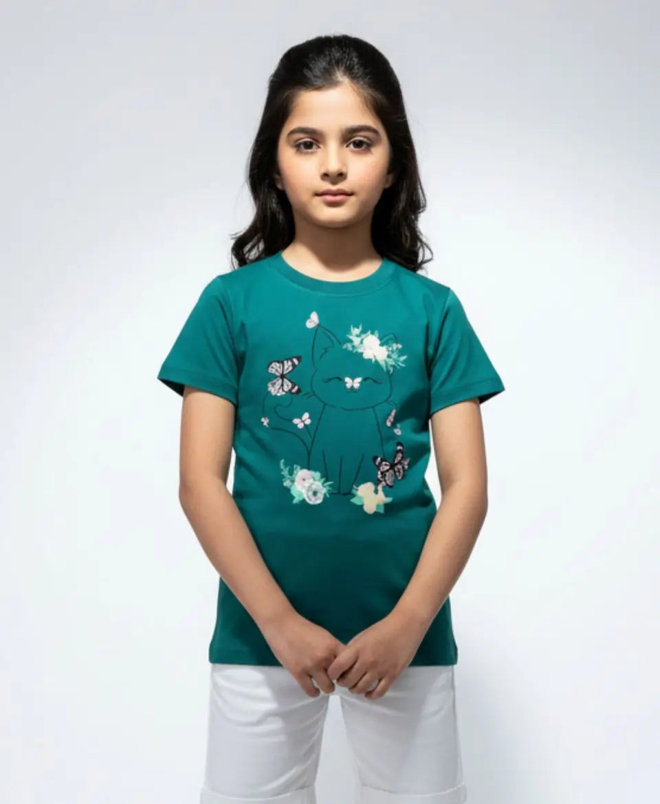 Girls Floral Kitty T-Shirt