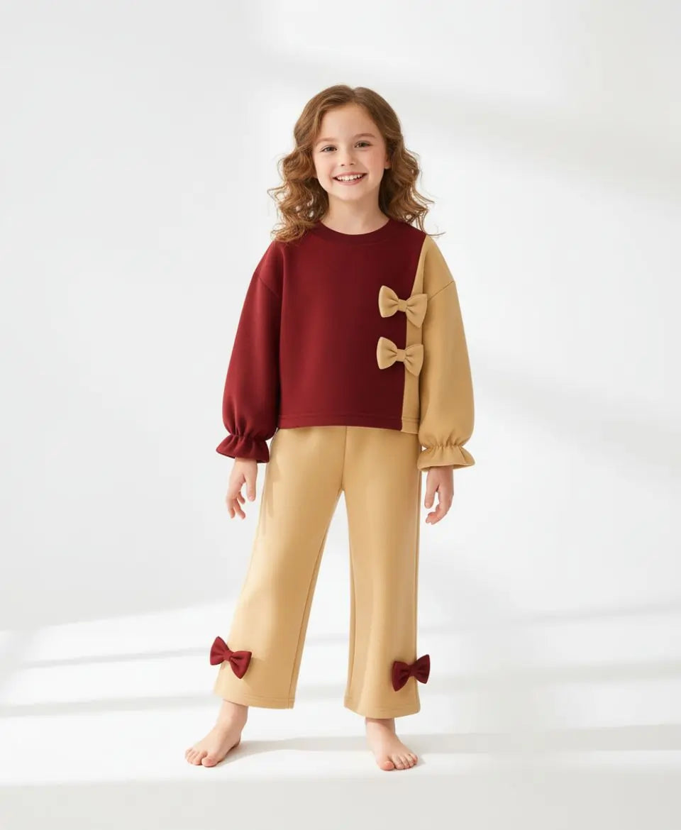 Girls Fleece Sweatshirt & Pants Set – Maroon Beige Bow Outfit