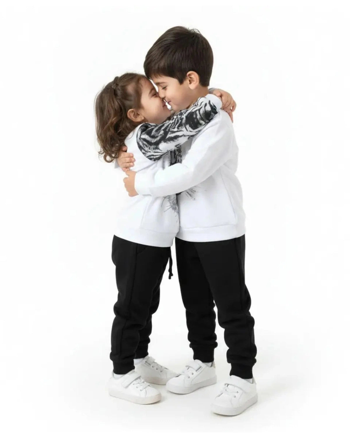 Unisex White Tiger Print Sweatshirt with Black Trouser Set