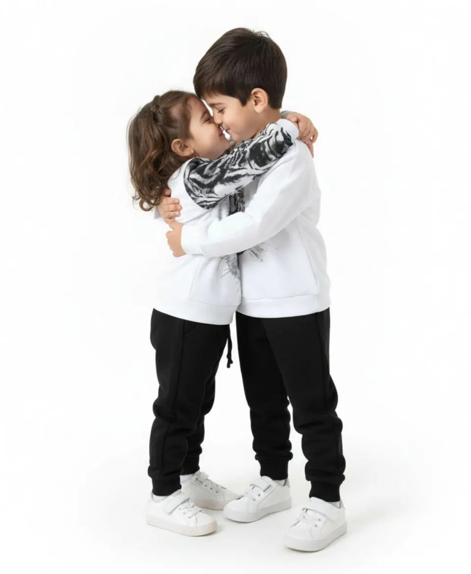 Unisex White Tiger Print Sweatshirt with Black Trouser Set