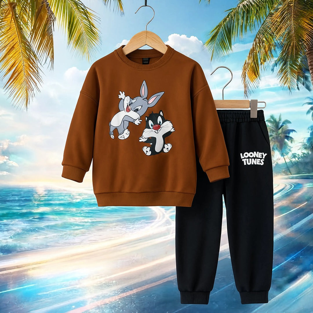 Boys’ Cartoon Printed Sweatshirt & Jogger Set – Brown & Black Winter Outfit
