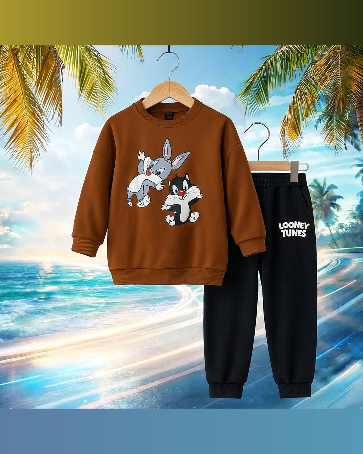 Boys’ Cartoon Printed Sweatshirt & Jogger Set – Brown & Black Winter Outfit