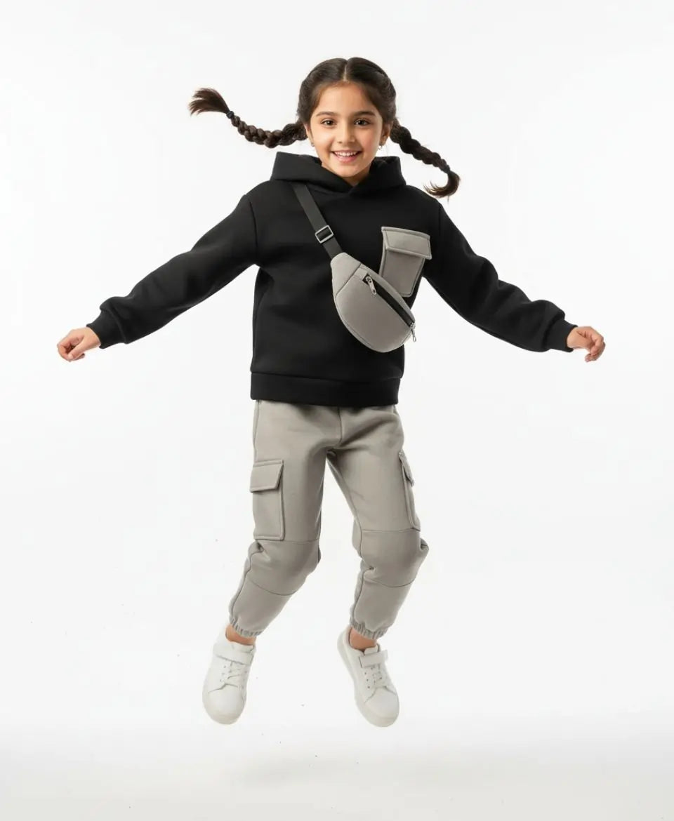 Unisex Kids Fleece Hoodie & Trouser Set – Black & Grey