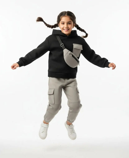 Unisex Kids Fleece Hoodie & Trouser Set – Black & Grey