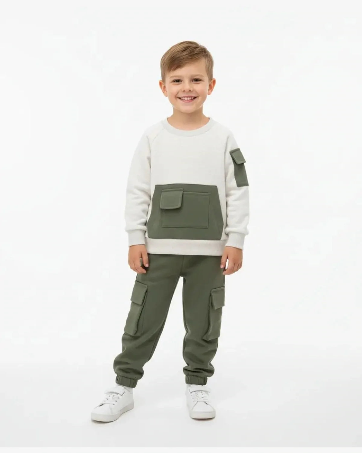 Kids Fleece Pocket Sweatshirt & Cargo Trouser Set – Winter Outfit