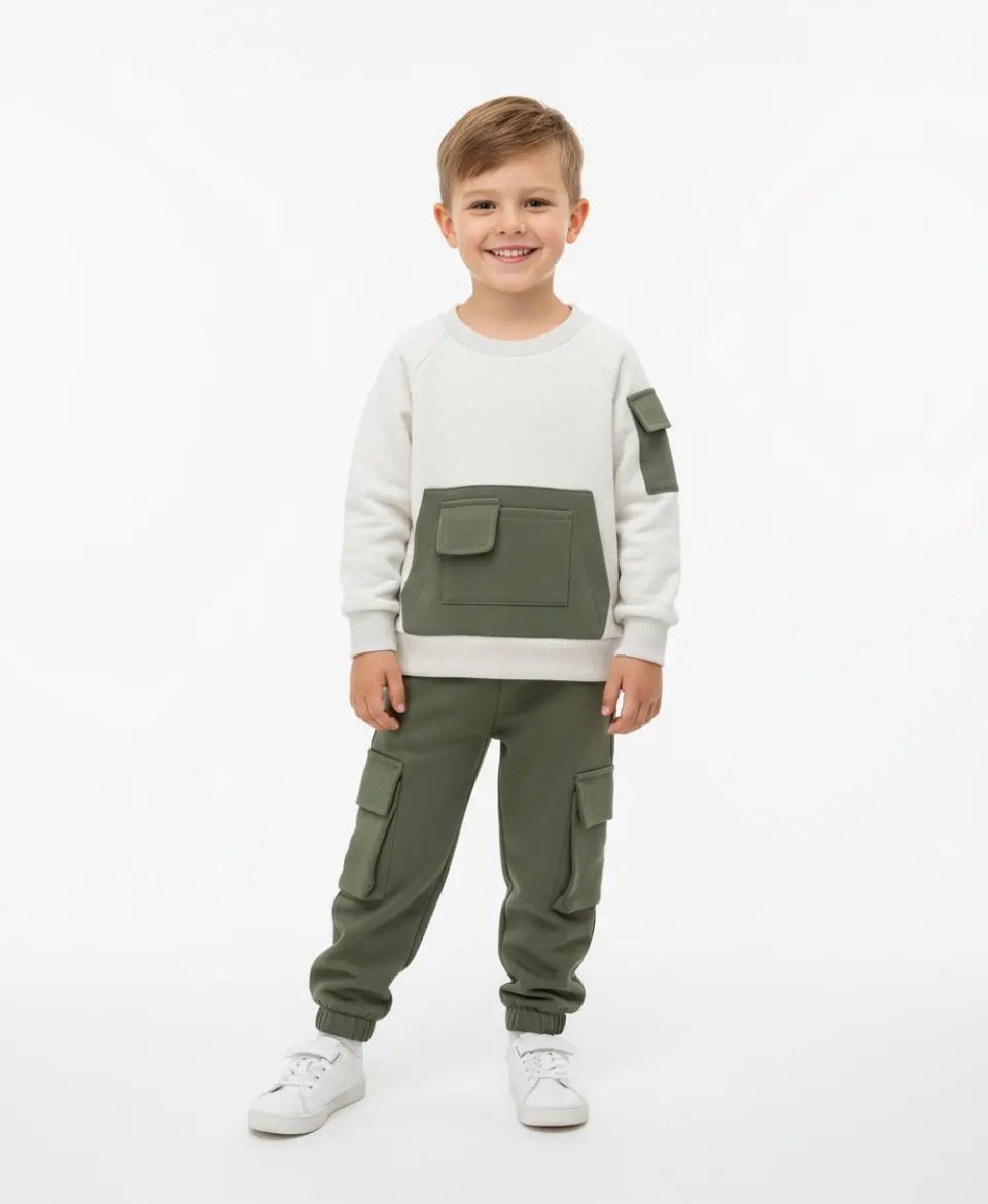 Kids Fleece Pocket Sweatshirt & Cargo Trouser Set – Winter Outfit