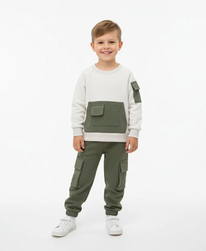 Kids Fleece Pocket Sweatshirt & Cargo Trouser Set – Winter Outfit