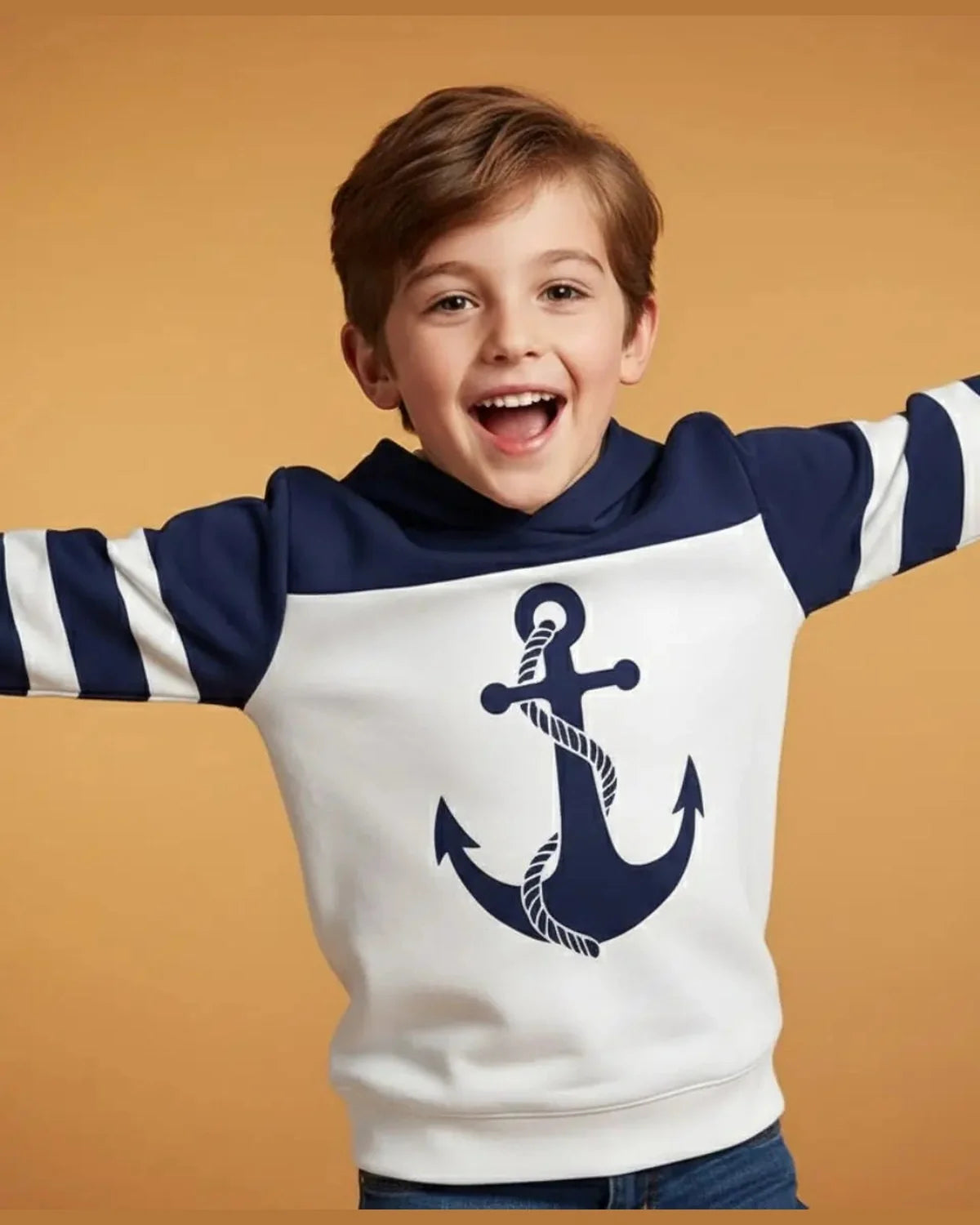 Unisex Cotton Anchor Print Hoodie – Cozy Navy & White Winter Wear