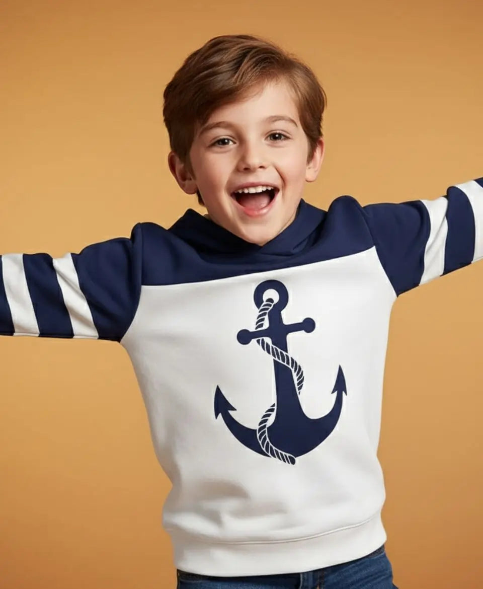 Unisex Cotton Anchor Print Hoodie – Cozy Navy & White Winter Wear
