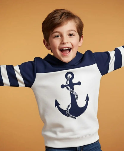Unisex Cotton Anchor Print Hoodie – Cozy Navy & White Winter Wear