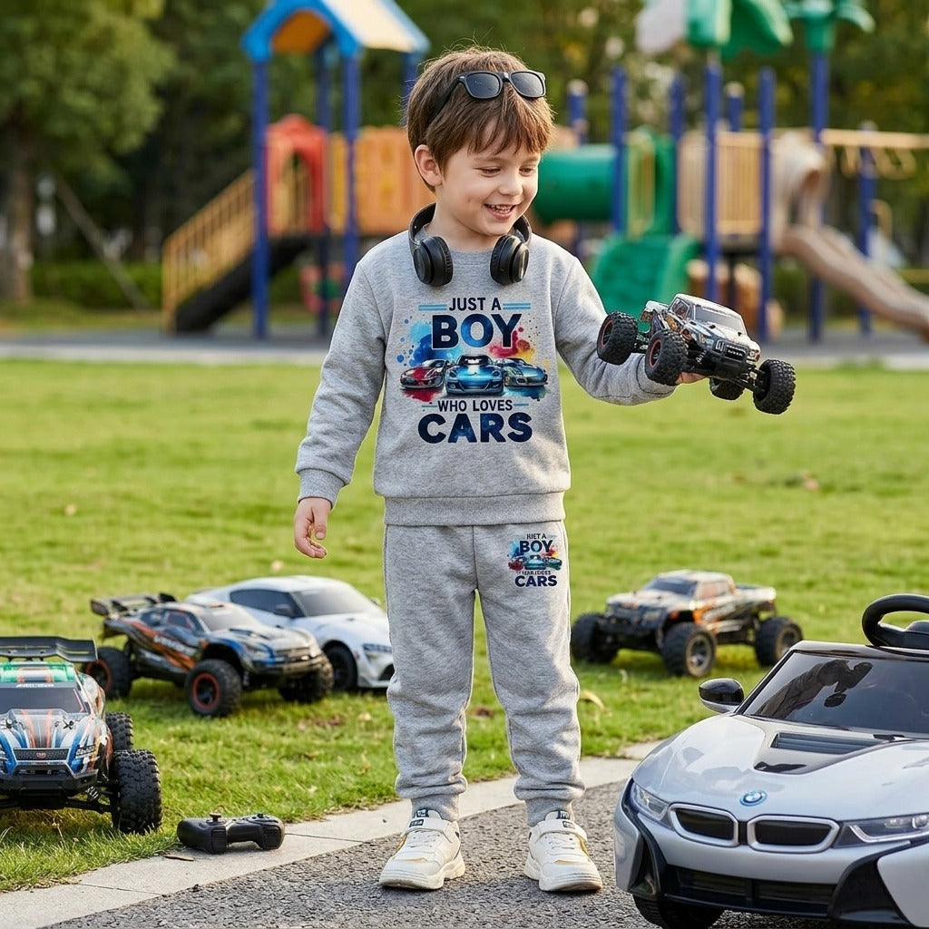 Boys Car Print Sweatshirt & Jogger Set – Grey