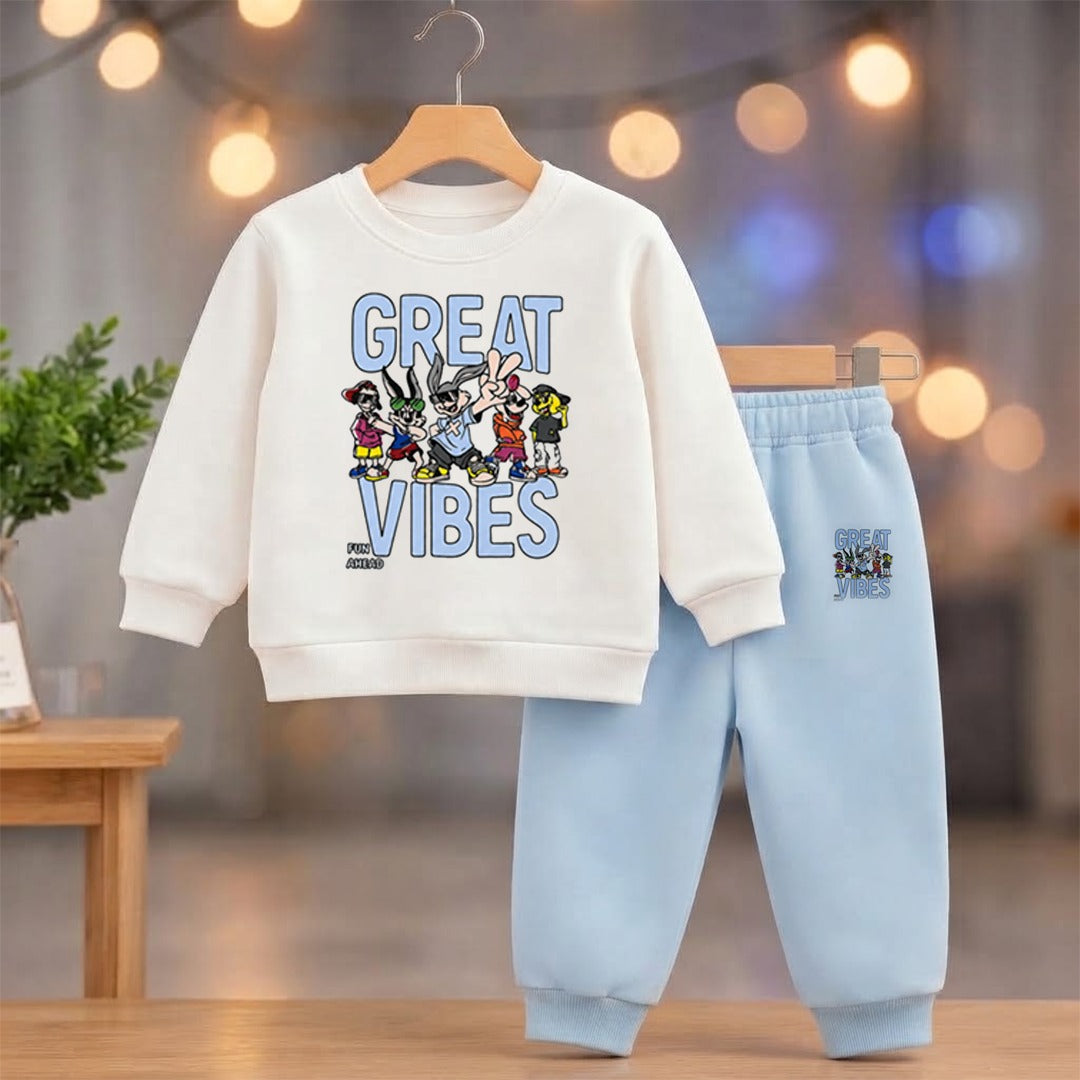 Kids "Great Vibes" Cartoon Graphic White & Light Blue Tracksuit Set