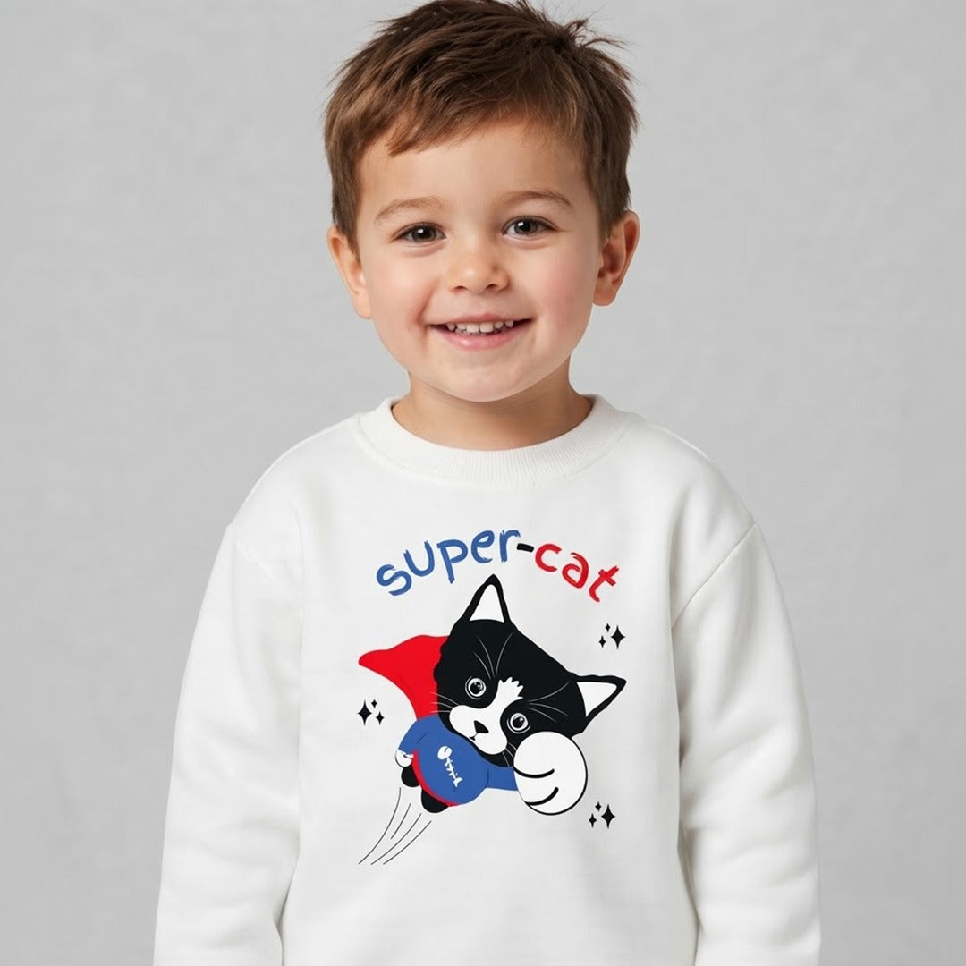 Kids Cute "Super-Cat" Graphic White Sweatshirt | Superhero Cat Crewneck Pullover