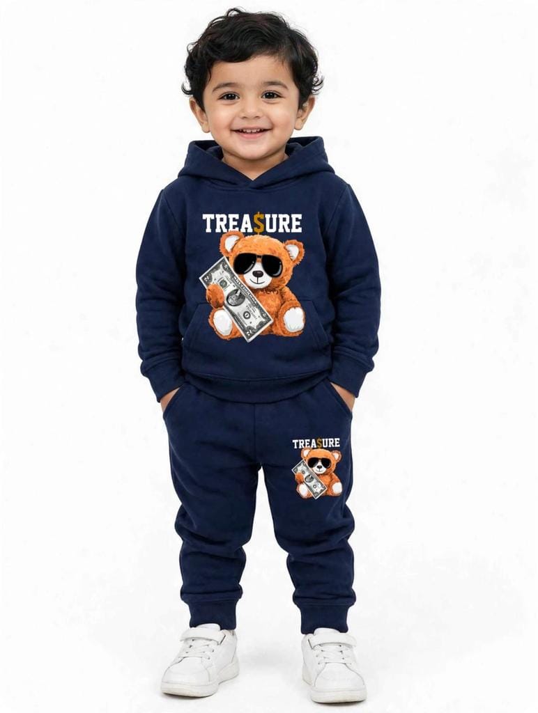 Kids Navy Blue Teddy Bear Hoodie Tracksuit