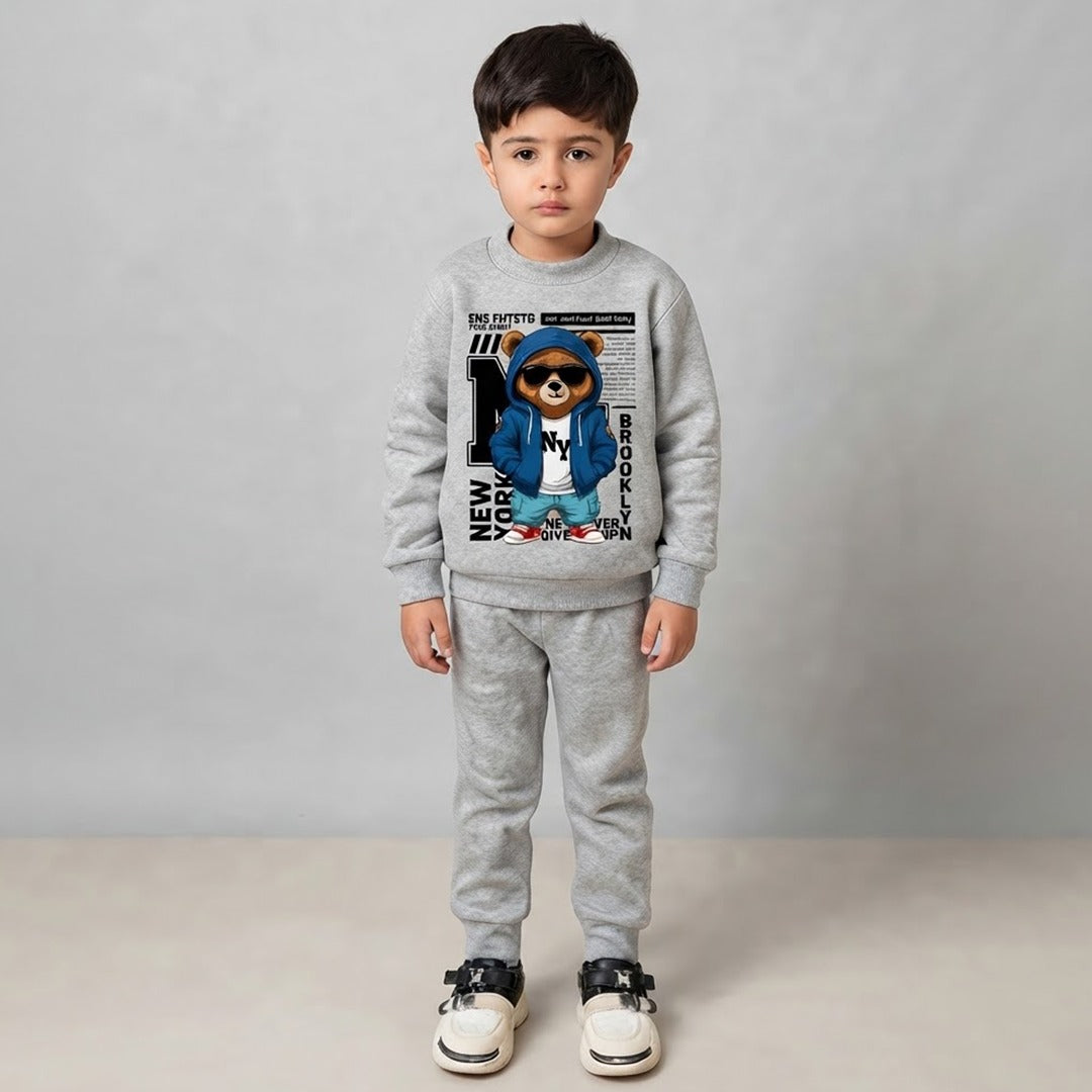 Kids Cool Bear "New York Brooklyn" Graphic Grey Tracksuit Set