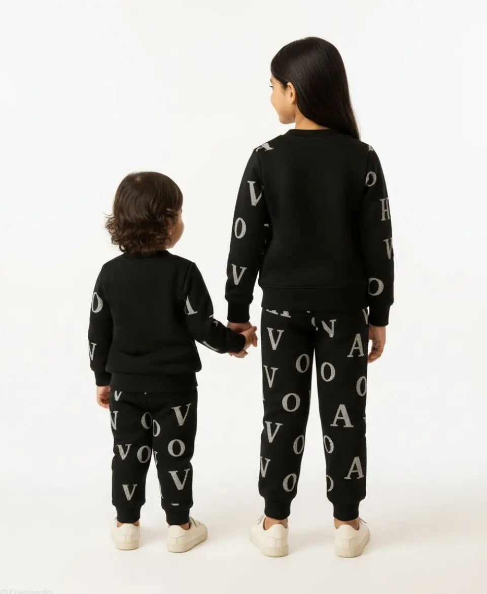Unisex Fleece Sweatshirt & Trouser Set – Letter Print Winter Outfit