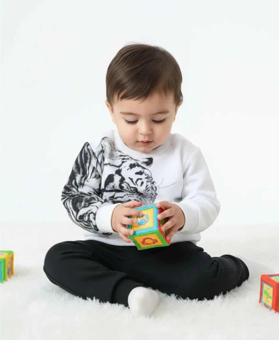 Unisex White Tiger Print Sweatshirt with Black Trouser Set