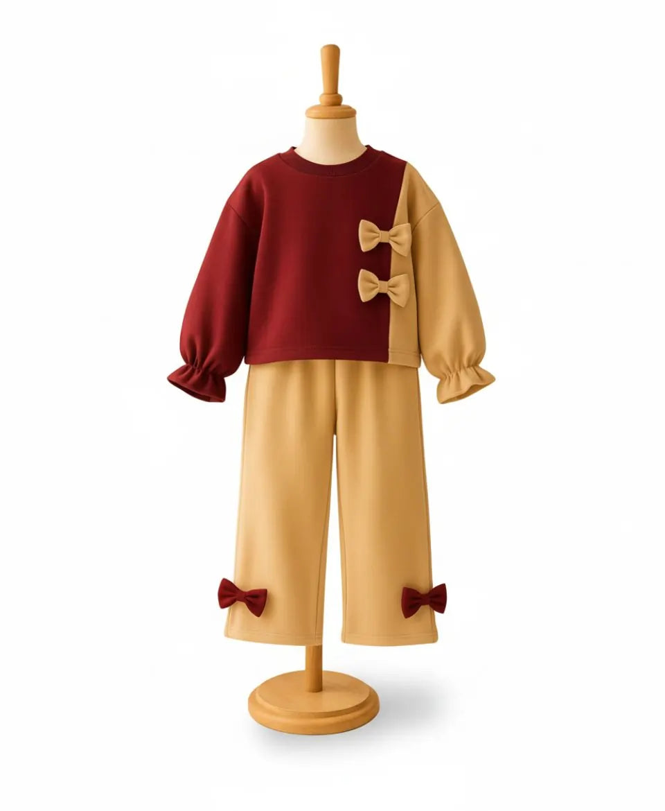 Girls Fleece Sweatshirt & Pants Set – Maroon Beige Bow Outfit