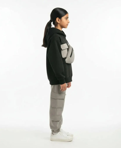 Unisex Kids Fleece Hoodie & Trouser Set – Black & Grey