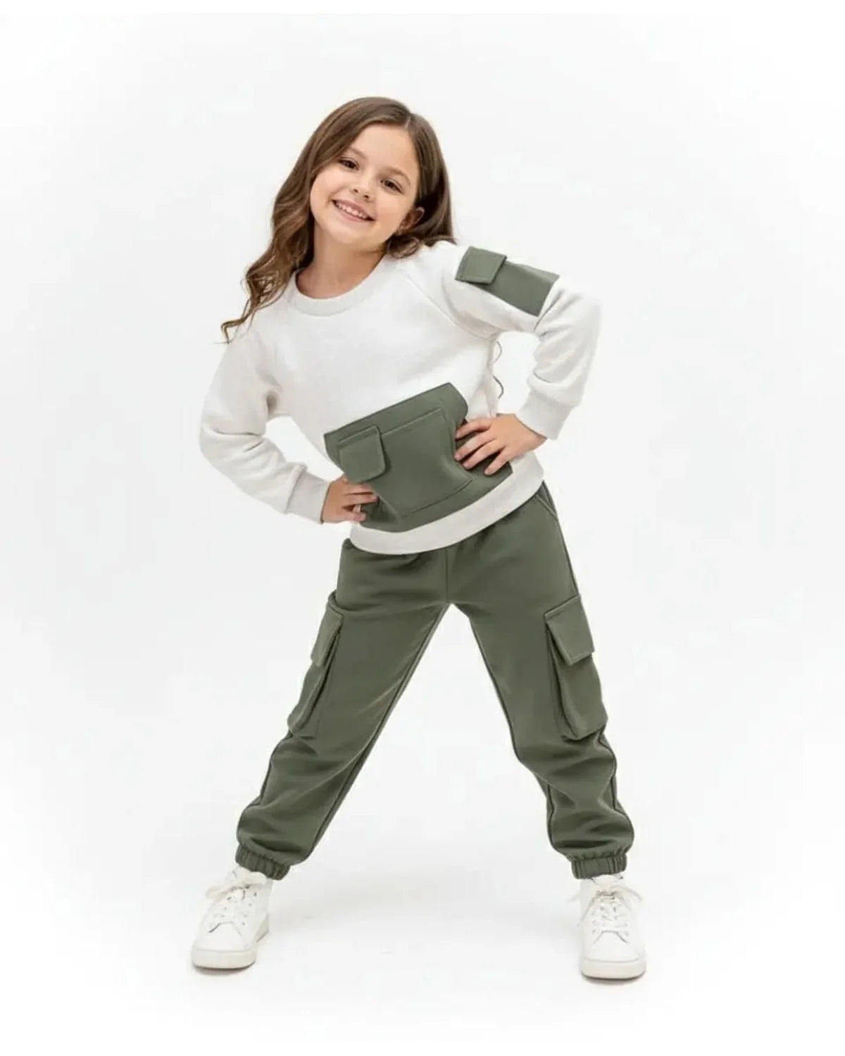 Kids Fleece Pocket Sweatshirt & Cargo Trouser Set – Winter Outfit