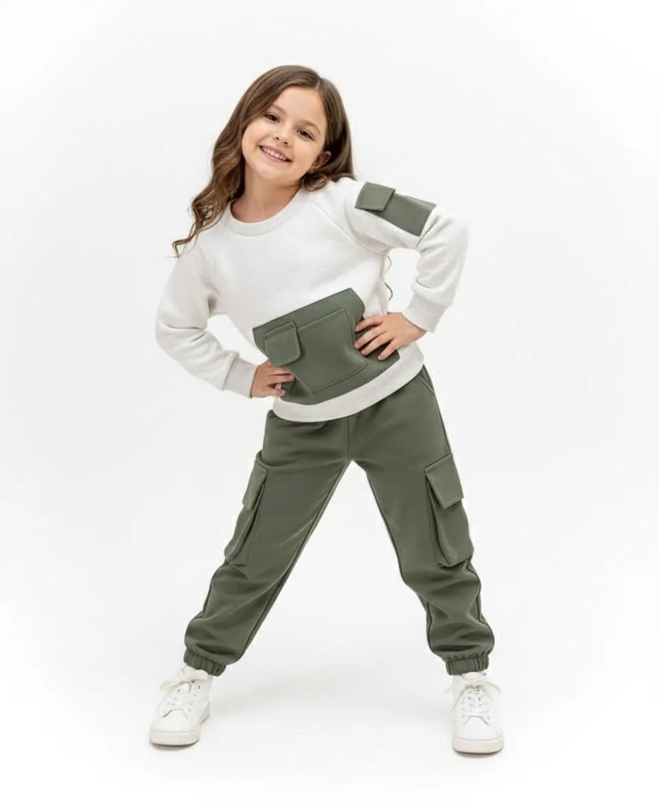 Kids Fleece Pocket Sweatshirt & Cargo Trouser Set – Winter Outfit