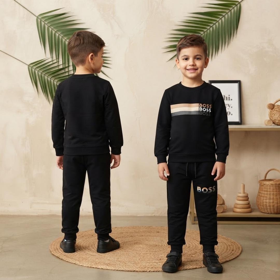 Kids' BOSS Black Striped Sweatshirt & Jogger Set
