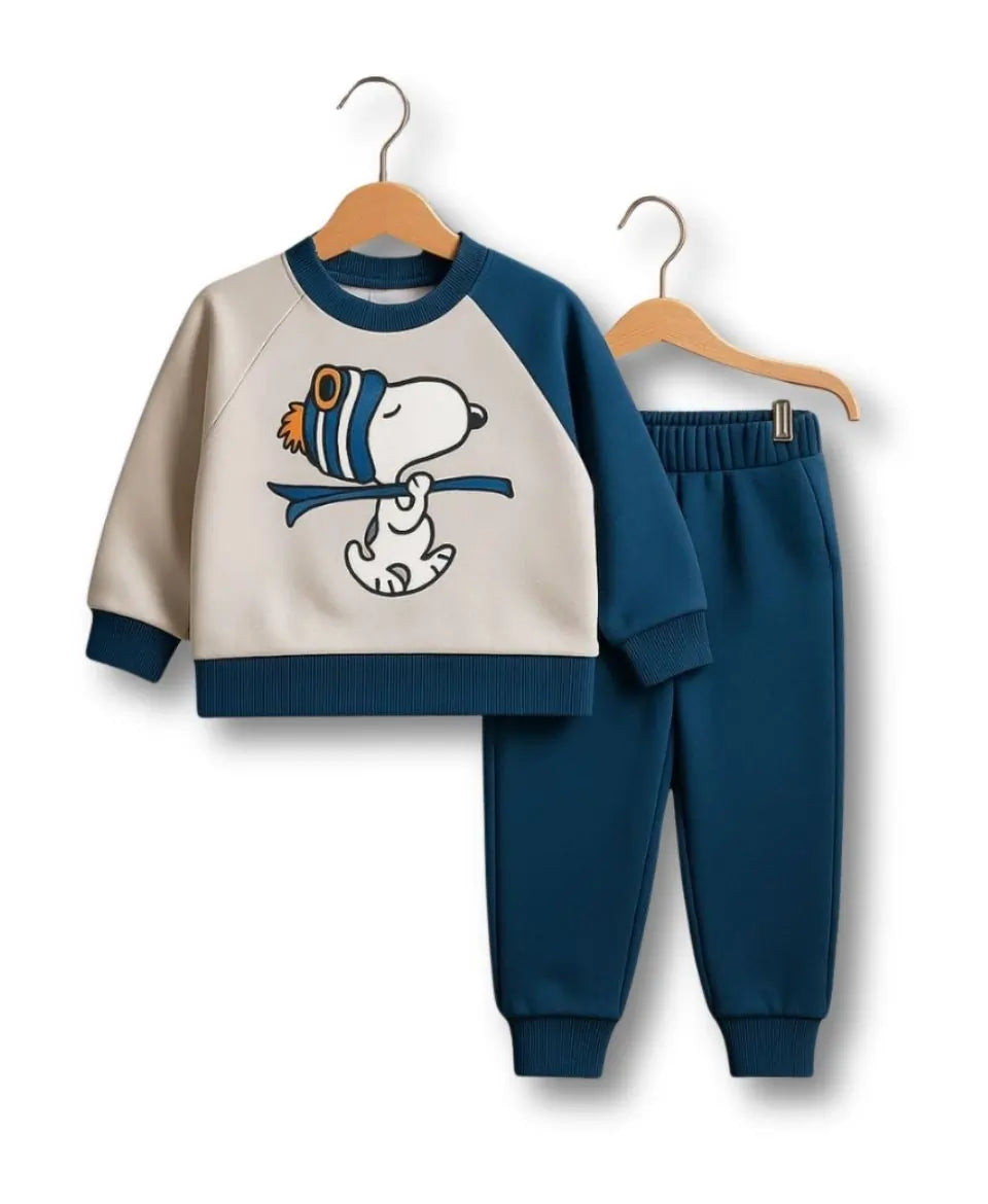 Unisex Cotton Fleece Sweatshirt & Trouser Set – Blue Beige Winter Outfit