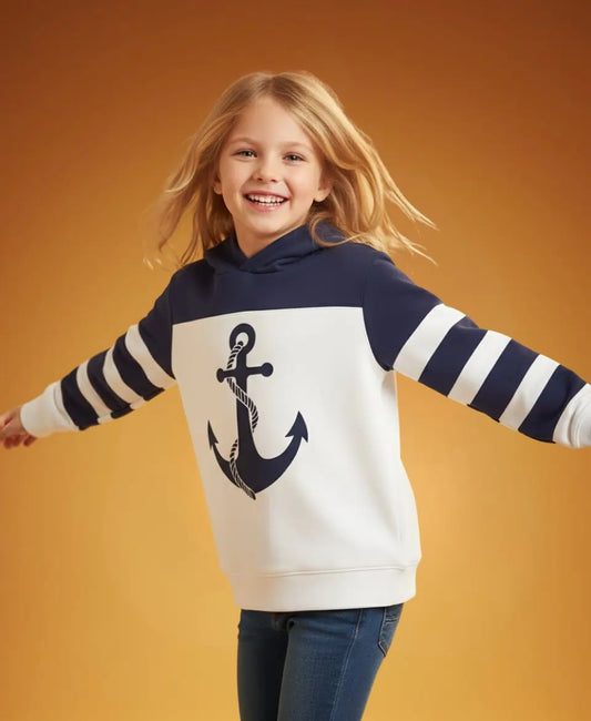 Unisex Cotton Anchor Print Hoodie – Cozy Navy & White Winter Wear