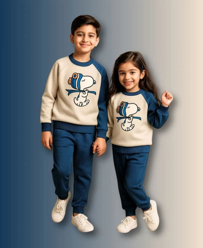 Unisex Cotton Fleece Sweatshirt & Trouser Set – Blue Beige Winter Outfit