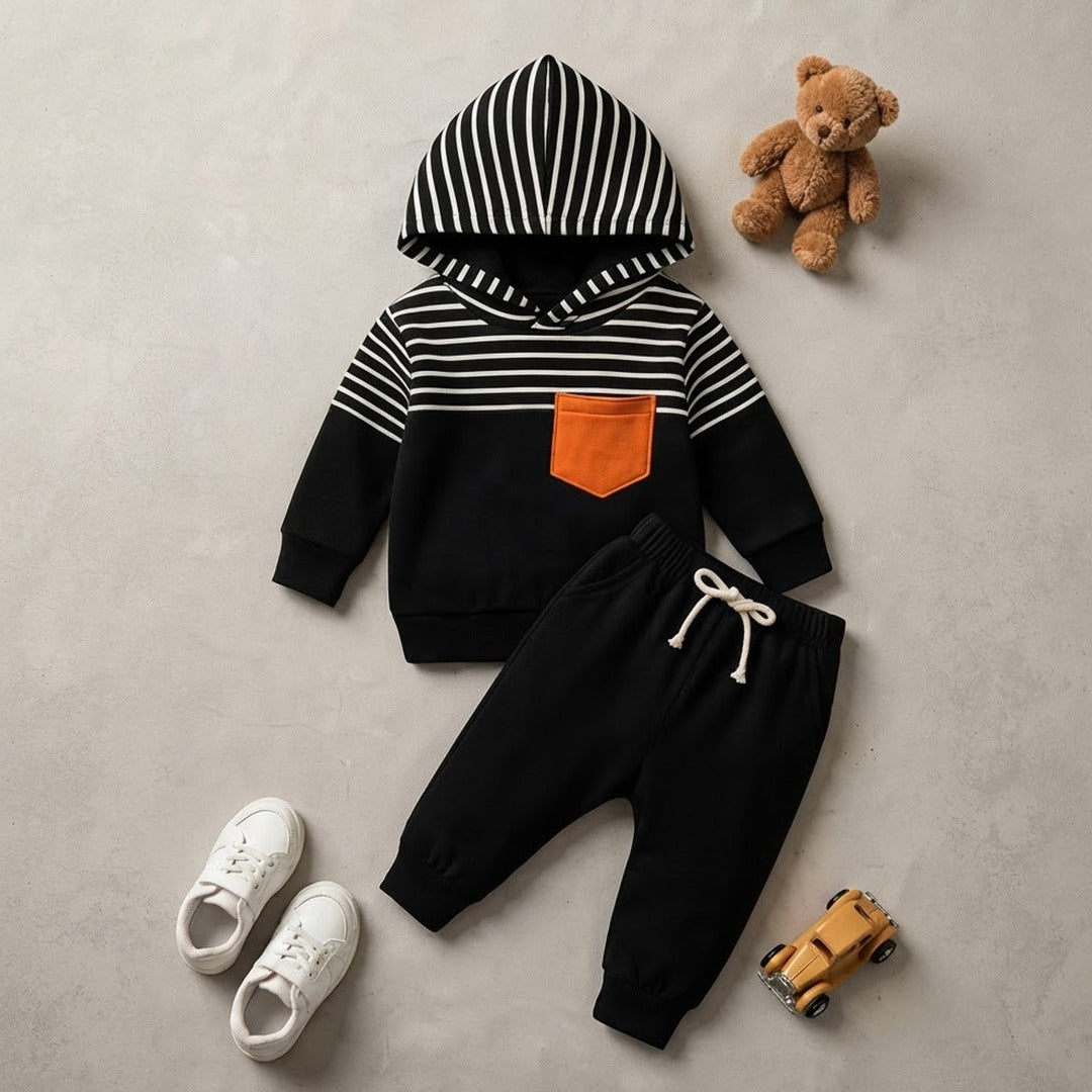 Unisex Cotton Hoodie & Trouser Set – Black Striped Winter Outfit