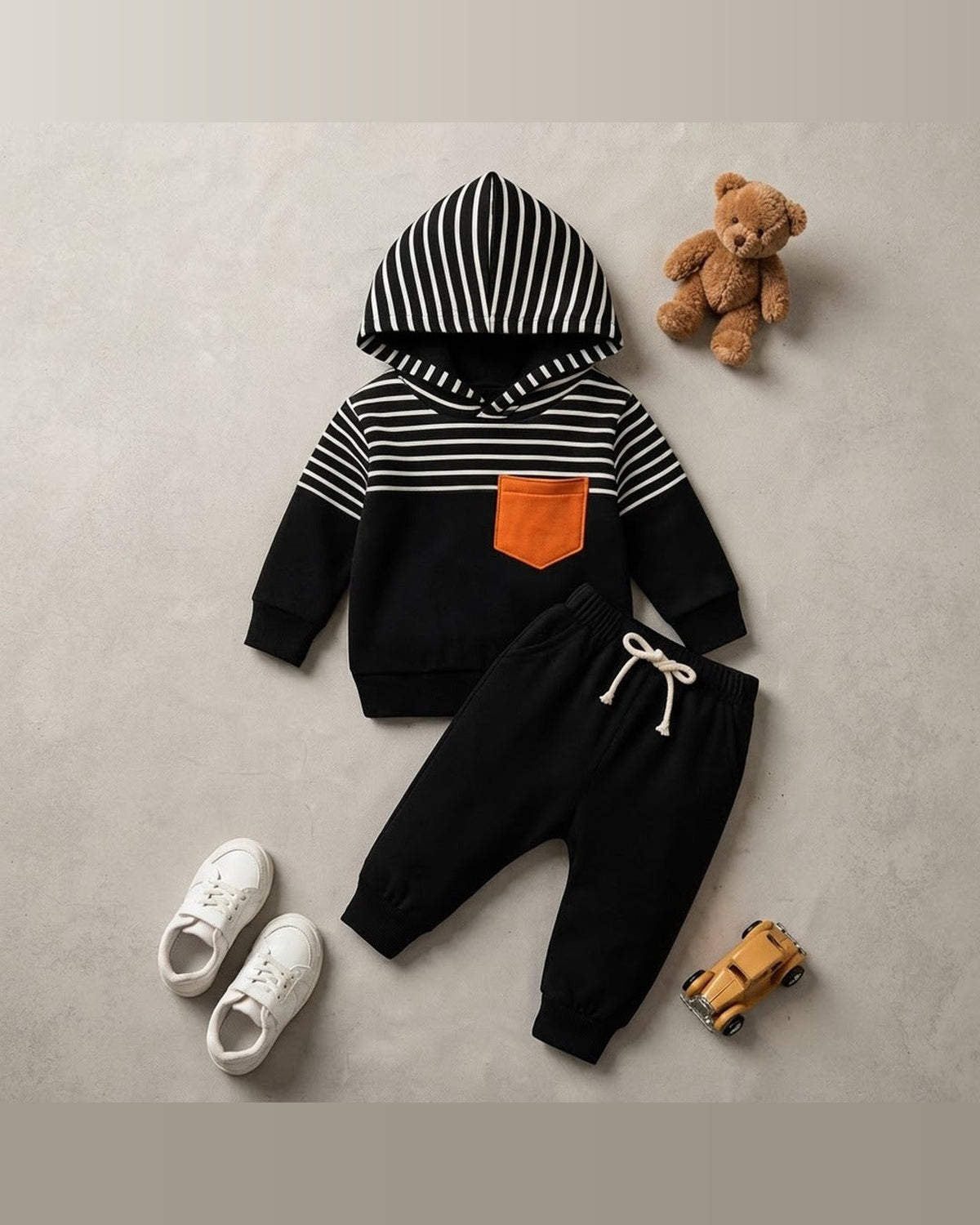 Unisex Cotton Hoodie & Trouser Set – Black Striped Winter Outfit