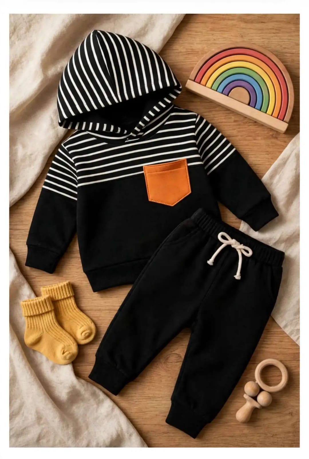 Unisex Cotton Hoodie & Trouser Set – Black Striped Winter Outfit