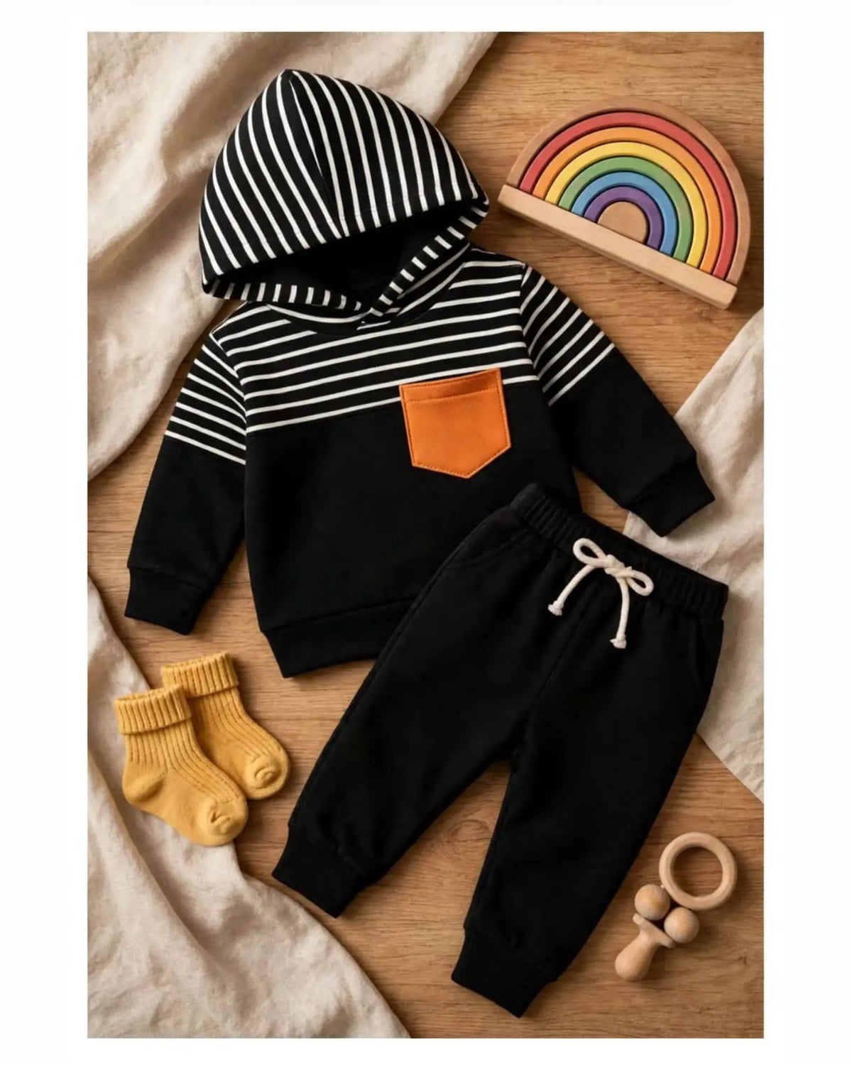 Unisex Cotton Hoodie & Trouser Set – Black Striped Winter Outfit