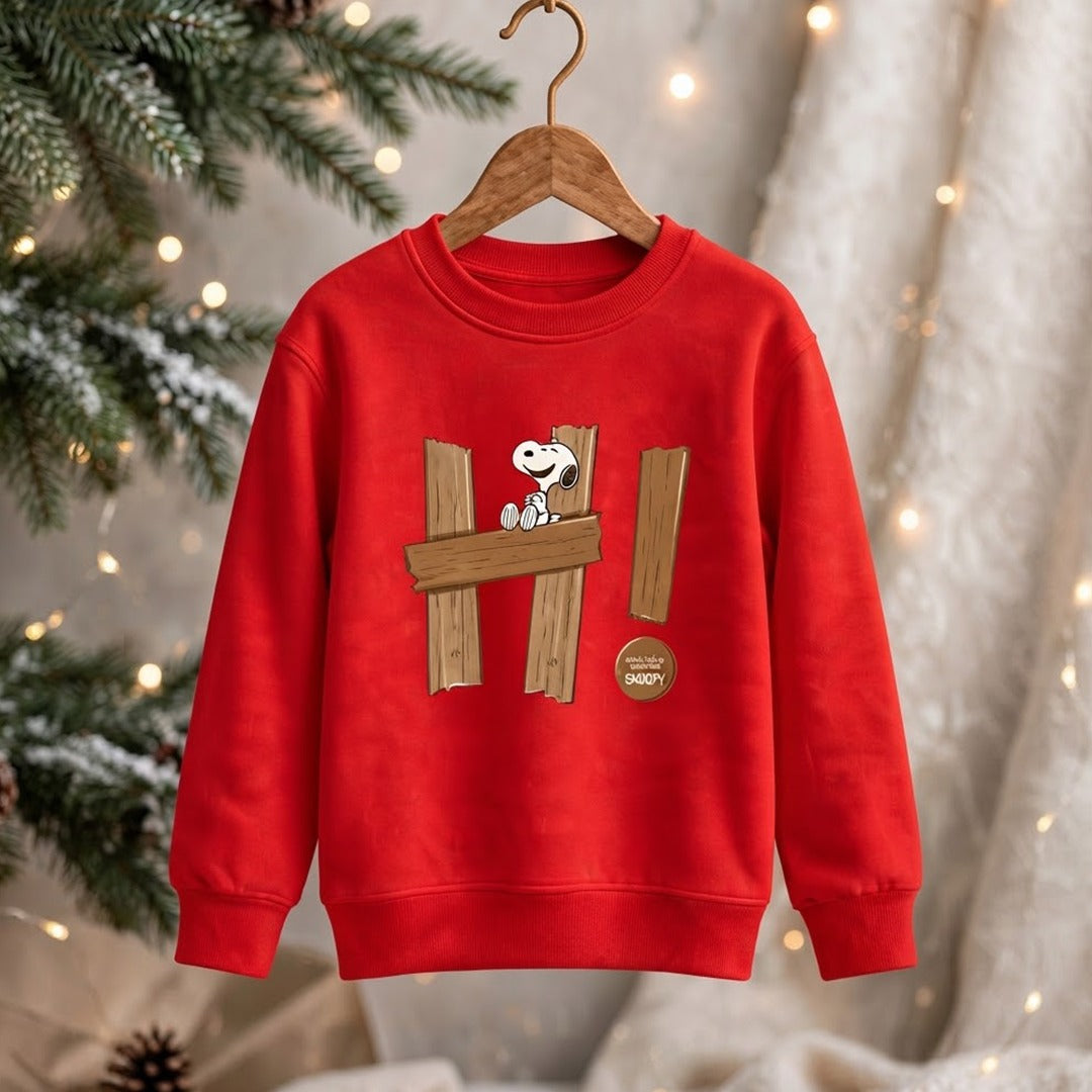 Kids Cute Snoopy Wooden Fence Graphic Red Sweatshirt | Cartoon Crewneck Pullover