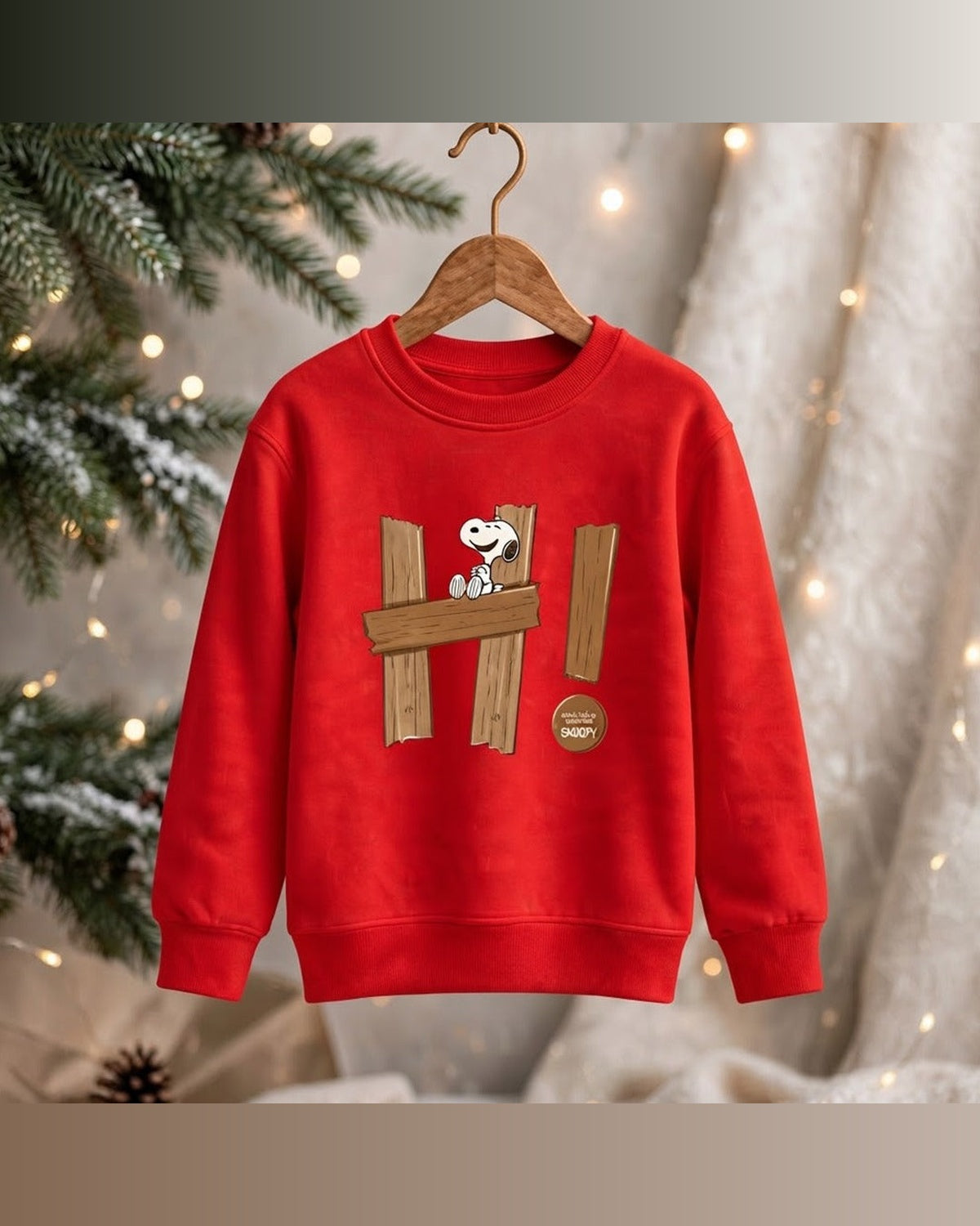 Kids Cute Snoopy Wooden Fence Graphic Red Sweatshirt | Cartoon Crewneck Pullover