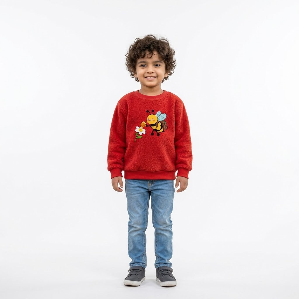 Kids Red Cute Honeybee & Flower Graphic Fleece Sweatshirt | Casual Winter Wear
