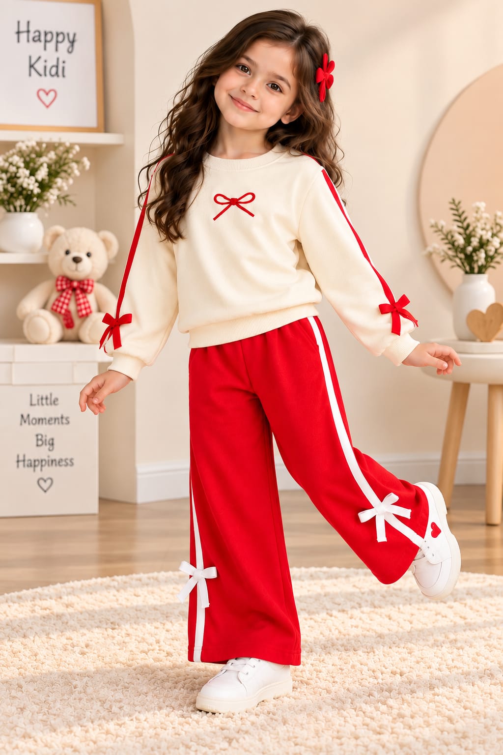 Girls Winter Fleece 2-Piece Set – Cream Sweatshirt & Red Trouser