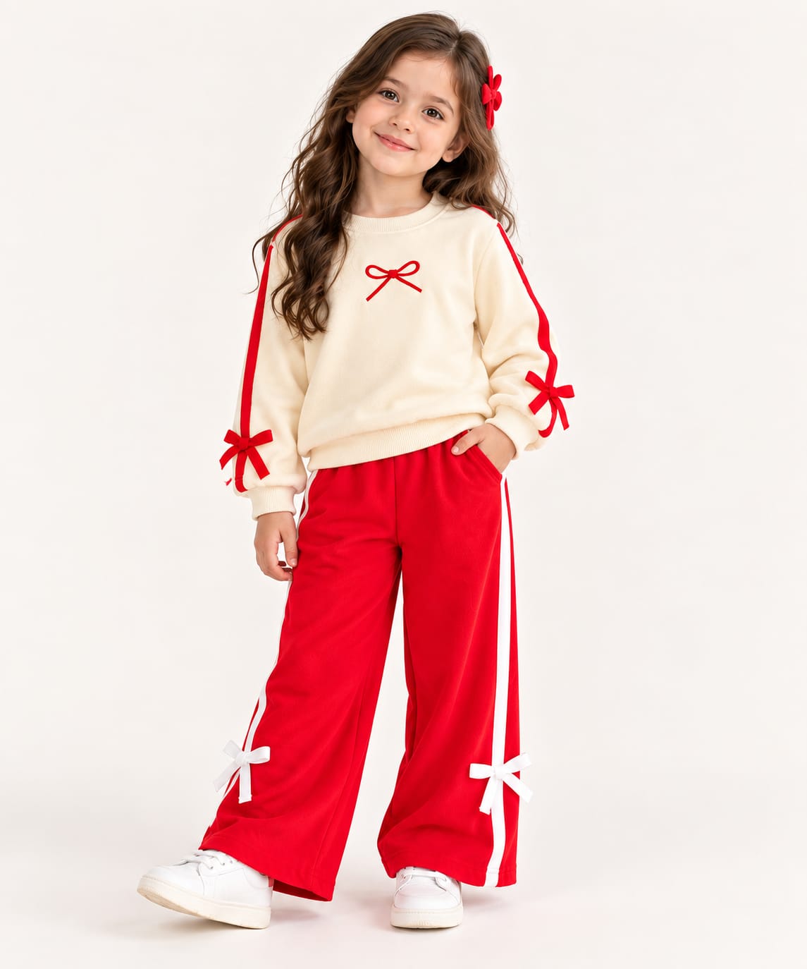 Girls Winter Fleece 2-Piece Set – Cream Sweatshirt & Red Trouser
