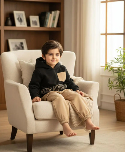 Unisex Kids Fleece Hoodie & Trouser Set – Black & Beige “Los Angeles” Outfit