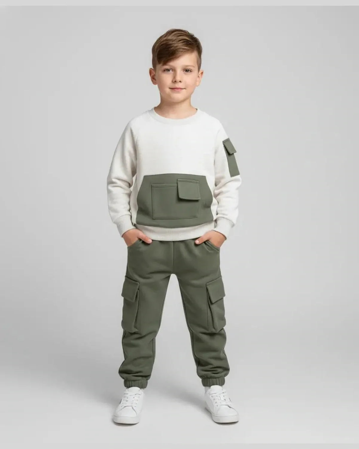 Kids Fleece Pocket Sweatshirt & Cargo Trouser Set – Winter Outfit