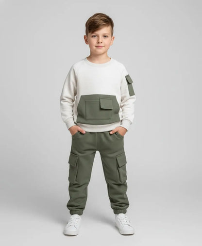 Kids Fleece Pocket Sweatshirt & Cargo Trouser Set – Winter Outfit